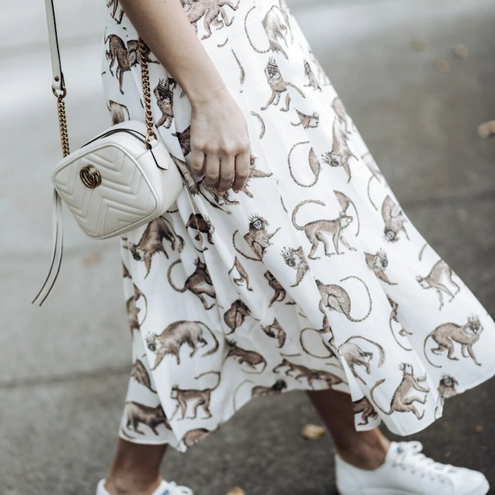 H&M Crowned Monkey Print Pleated Midi Skirt White Size 4 Patterned A-Line Lined